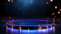 Futuristic glowing circular platform with neon blue and purple lights against dark bokeh background for product display and presentation design.