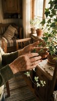 Senior woman hands gently touching green ivy plant in cozy sunlit living room with houseplants and warm natural lighting creating peaceful home atmosphere.