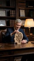 Mature Caucasian businessman in navy suit holding wooden head with gears at office desk, symbolizing strategic thinking and mental leadership.