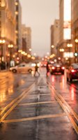 Blurred city street at dusk with wet pavement reflecting warm golden lights from buildings and traffic creating atmospheric urban bokeh background.