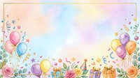 Colorful balloons and gift boxes with flowers and stars on soft pastel watercolor background, isolated design element for party invitations, greeting cards, and celebrations.