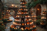 Magical autumn display with tiered stands filled with glowing candles and pumpkins creating warm atmospheric lighting in stone courtyard garden setting.