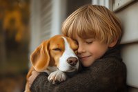 Young Caucasian boy with blonde hair hugging beagle puppy outdoors, both with eyes closed in peaceful moment against white wall. Warm autumn colors create tender mood.