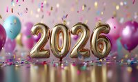 Gold foil number balloons forming 2026 with colorful confetti and party balloons against blurred pink background, festive celebration atmosphere.