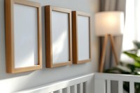 Three empty wooden picture frames hanging on light gray wall above white railing, with modern floor lamp and houseplant in soft focus background. Interior design mockup.
