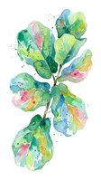 Watercolor plant with vibrant green, blue, pink and yellow leaves on stem isolated on white background. Suitable for botanical designs, home decor, and creative projects.