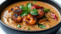 Grilled shrimp in creamy spiced sauce with fresh herbs served in black bowl. Restaurant quality seafood dish with aromatic spices for culinary and food photography.