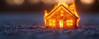 Glowing miniature house with warm light illuminating through windows on dark textured surface with bokeh background creates cozy winter atmosphere.