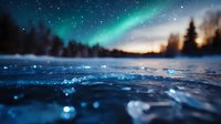 Stunning aurora borealis dancing over frozen winter lake with sparkling ice crystals and snow-covered pine trees at twilight creating magical arctic landscape.