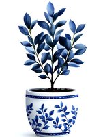 Navy blue leaves plant in decorative white ceramic pot with floral pattern. Watercolor style botanical illustration on white background, isolated for design use.