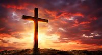 Wooden cross silhouetted against dramatic sunset sky with vibrant orange and red clouds. Christian symbol of faith, hope and spirituality for religious content.