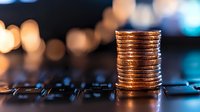Stack of shiny copper coins on computer keyboard with blurred bokeh lights in background, representing digital finance and online banking concept.