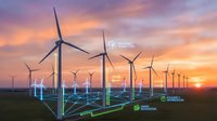 Wind turbines generating renewable energy at sunset with digital network connections representing smart grid technology and sustainable power infrastructure.