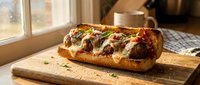 Freshly baked submarine sandwich topped with melted cheese, herbs, and seasonings, resting on wooden cutting board near sunlit window for food photography and culinary content.