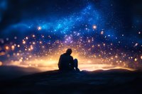 Silhouette of couple sitting on hill against magical starry night sky with glowing particles and northern lights in purple and golden colors.