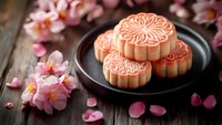Traditional mooncakes with intricate floral patterns on dark plate surrounded by pink cherry blossoms and scattered petals on rustic wooden surface.
