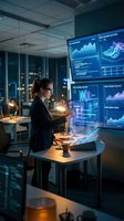Professional businesswoman analyzing financial data on multiple monitors in modern office at night with city skyline view and holographic interface technology.