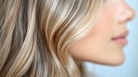 Side profile close up view of blonde woman with wavy highlighted hair and natural makeup showing smooth skin texture and gentle smile against blue background.