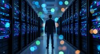 Business professional standing in modern data center server room with glowing blue lights and bokeh effects for technology and cloud computing concepts.