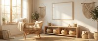 Cozy boho living room interior with wooden furniture, macrame wall hangings, blank frame mockup and natural sunlight streaming through windows.