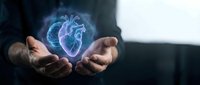 Hands protecting glowing anatomical heart hologram for medical healthcare technology and cardiology concept in modern clinical environment.