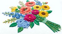 Colorful embroidered floral bouquet with roses, sunflowers and wildflowers on white fabric. Traditional needlework craft design for textile decoration.
