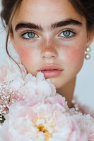 Close up portrait of young woman with freckles, green eyes and natural makeup holding pink peony flowers. Soft romantic spring beauty concept.