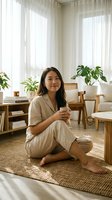 Woman of East Asian descent sitting cross-legged on woven rug in bright, minimalist living room with potted plants, wooden furniture, and sheer curtains. Lifestyle and home decor.