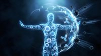 Digital human figure composed of glowing blue circuit patterns and technological elements with arms outstretched against a luminous globe, representing global connectivity, digital transformation, and advanced technology innovation.