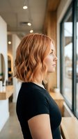 Young Caucasian woman with trendy wavy bob haircut in profile view at modern hair salon. Professional hairstyling and beauty treatment concept.