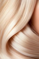 Luxurious blonde hair waves close-up showing smooth, glossy texture and natural highlights. Macro photography of platinum blonde strands flowing in gentle curves.