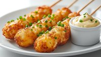 Golden crispy potato croquettes on wooden skewers served with creamy dipping sauce, garnished with fresh herbs on white plate for appetizer menu.