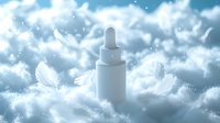 White dropper bottle floating in dreamy clouds surrounded by soft white feathers against ethereal blue sky background, creating magical cosmetic atmosphere.
