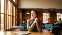 Young professional woman sitting thoughtfully at wooden table in modern coworking space with large windows and warm lighting for business concepts.