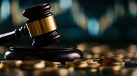 Wooden judge gavel and golden coins on dark background with stock market chart, symbolizing financial law, trading regulations and investment justice.
