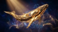 Golden polygonal whale swimming through cosmic space with nebula clouds and starlight beams creating mystical underwater atmosphere for digital art projects.