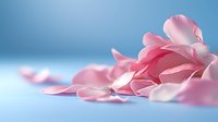 Delicate pink rose petals scattered on soft blue background, creating romantic atmosphere for wedding invitations, spa promotions, or beauty product advertising.