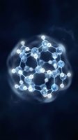 Glowing molecular structure with connected atoms and bonds on dark blue background for scientific research and chemistry education presentations.