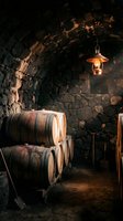 Rustic wine cellar with aged wooden barrels stacked beneath arched stone walls, illuminated by warm hanging lantern light for winery and beverage industry use.