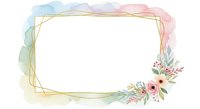 Watercolor floral frame with gold geometric border and pink roses, isolated on white background for invitations, greeting cards, and design projects.
