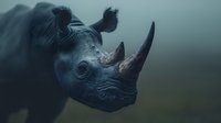 Majestic rhinoceros portrait in dramatic lighting with prominent horn and textured skin against moody atmospheric background for wildlife conservation campaigns.