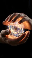 Hands protecting glowing geometric hologram with sacred geometry patterns and energy light effects on dark background for spiritual concepts.