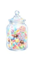 Glass candy jar filled with colorful sweets, lollipops, and round candies isolated on white background. Perfect for confectionery, bakery, candy shop designs, packaging, and children's illustrations.
