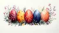 Colorful Easter eggs decorated with dots and patterns, arranged in row with delicate spring flowers and greenery watercolor composition. Festive holiday design element.