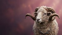 Majestic ram with curved horns against dramatic purple sky background for livestock farming and agriculture concepts.