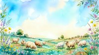 Watercolor pastoral scene with sheep grazing on a green meadow, framed by wildflowers and a soft blue sky, perfect for spring designs.