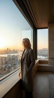 Confident mature Caucasian businesswoman in gray coat standing by floor-to-ceiling windows overlooking city skyline at sunset in modern luxury apartment.
