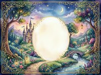 Enchanted fairy tale landscape with ornate golden frame, magical castle, crescent moon, stars, and blank circular space for text or design elements.