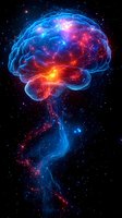 Glowing brain with neural networks and energy streams in cosmic space background for neuroscience and artificial intelligence concepts.