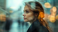 Young Caucasian woman with flowing hair in profile against blurred urban background with bokeh lights, wearing black coat, dramatic evening city atmosphere.